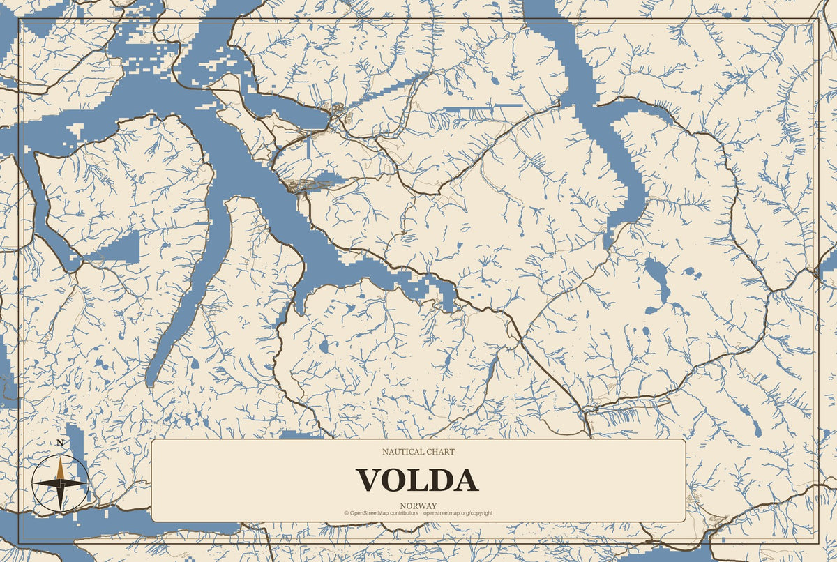 Volda, Norway City Map Aluminum Sign in Heritage Nautical style