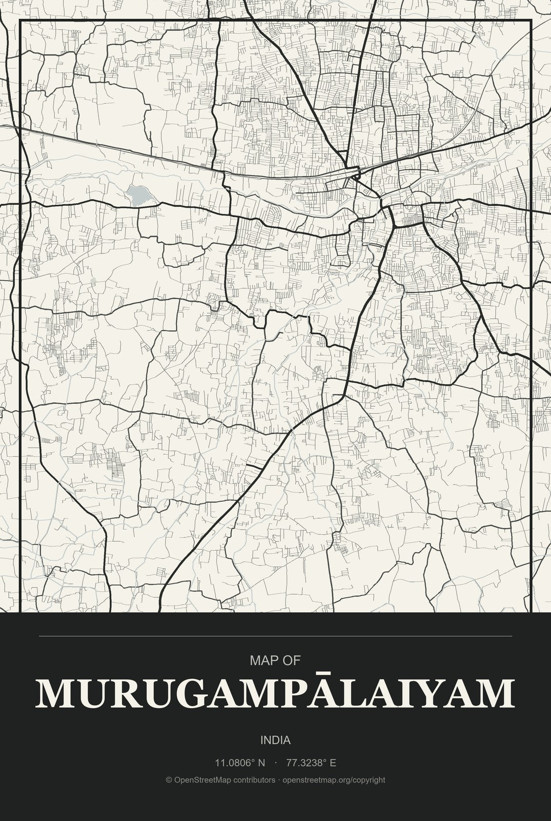 Murugampālaiyam, India City Map Aluminum Sign in Museum Plaque style