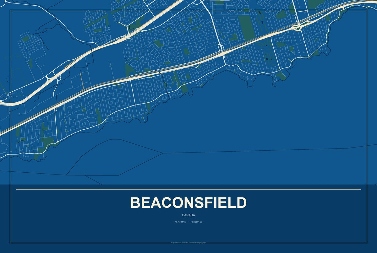 Beaconsfield, Canada City Map Aluminum Sign in Harbor Cobalt style
