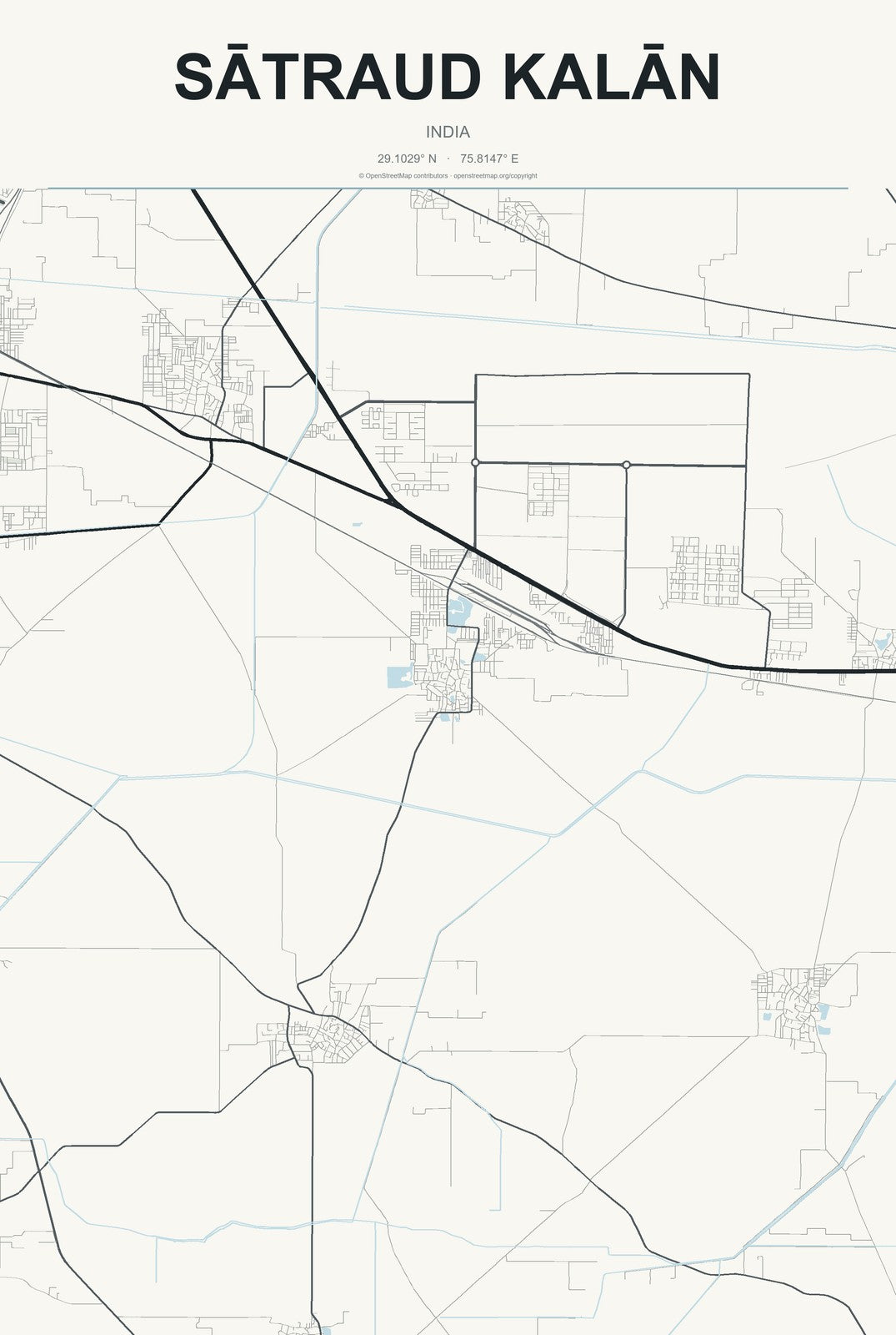 Sātraud Kalān, India City Map Aluminum Sign in Headline Atlas style