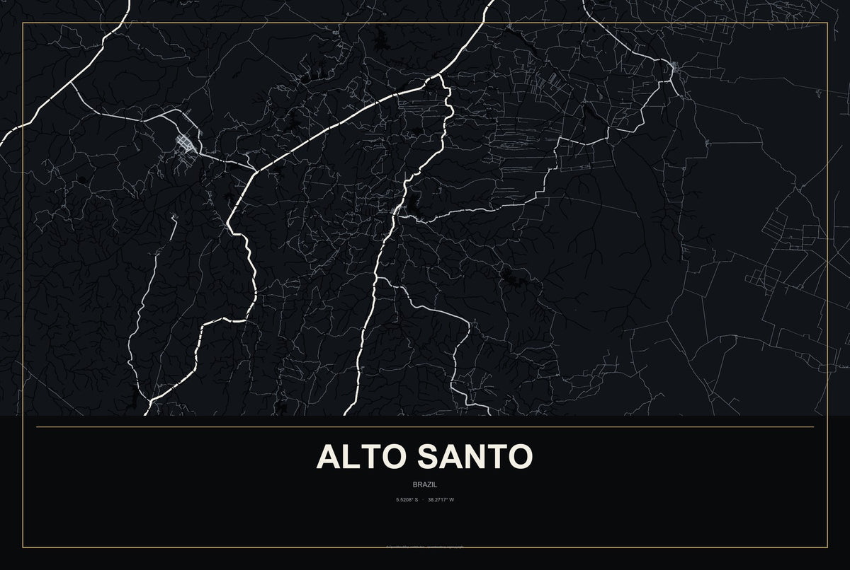 Alto Santo, Brazil City Map Aluminum Sign in Metropolitan Noir style