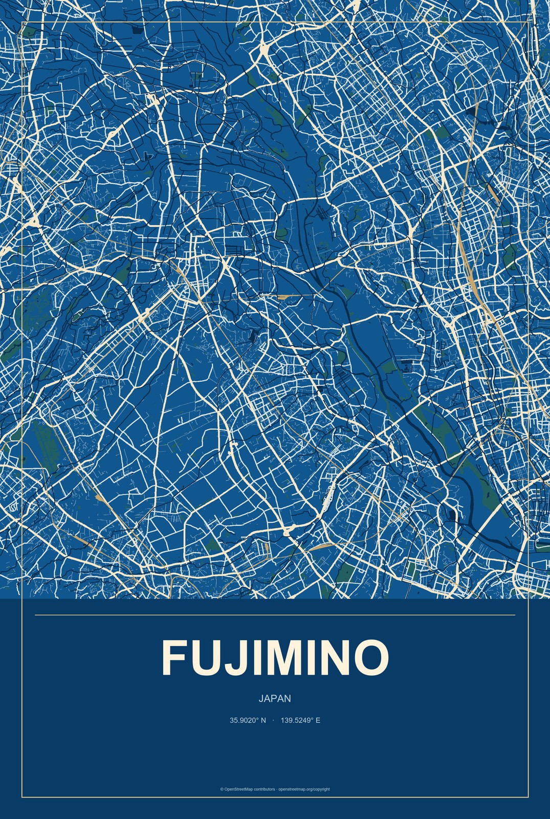 Fujimino, Japan City Map Aluminum Sign in Harbor Cobalt style