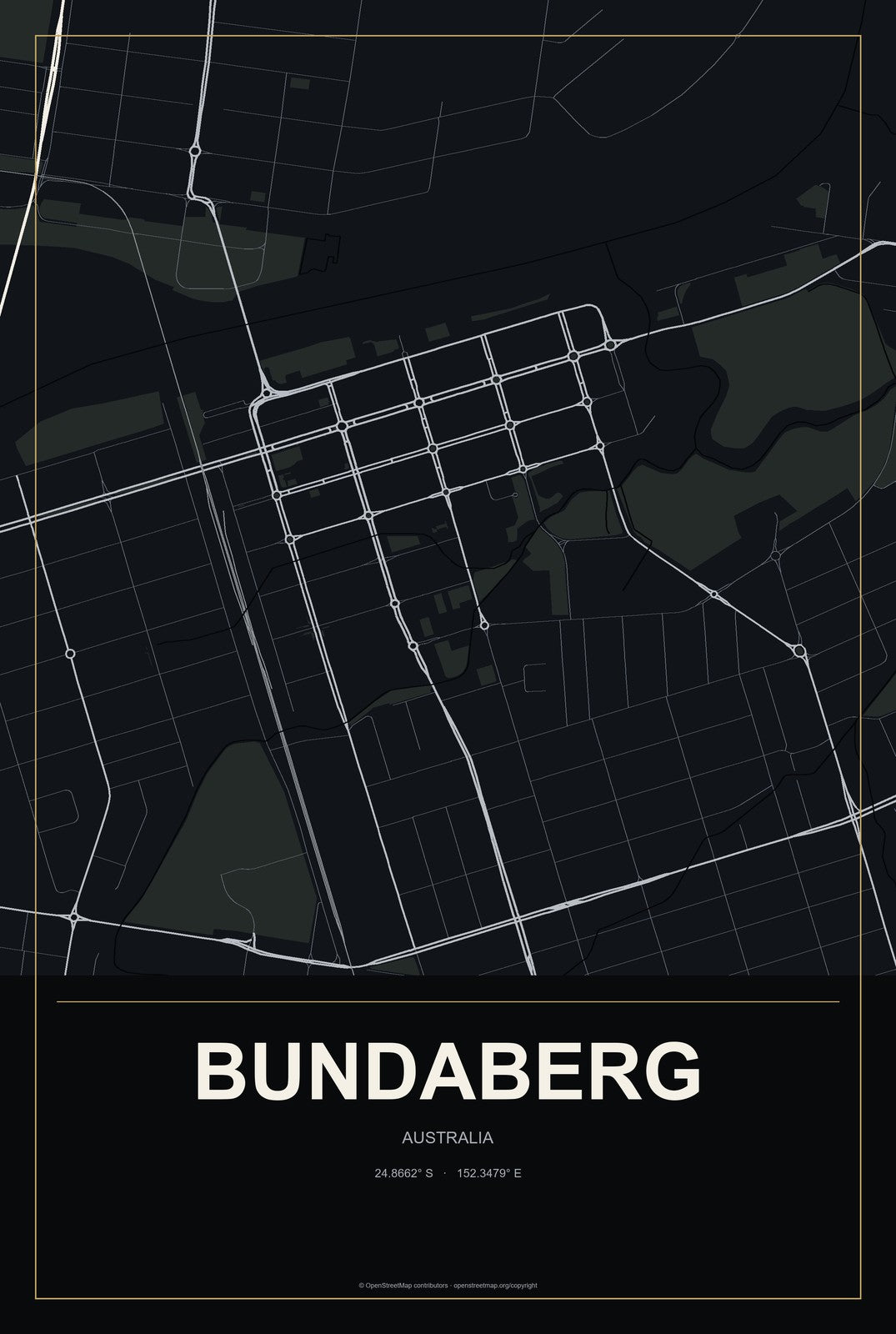 Bundaberg, Australia City Map Aluminum Sign in Metropolitan Noir style