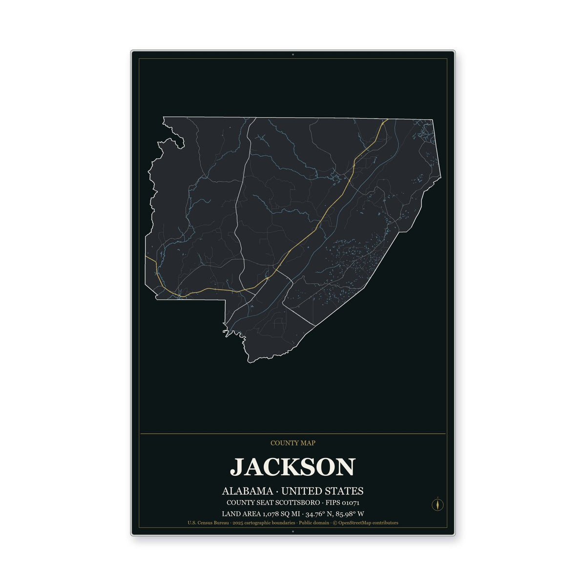 Jackson County, Alabama Map Aluminum Sign in Metropolitan Noir style