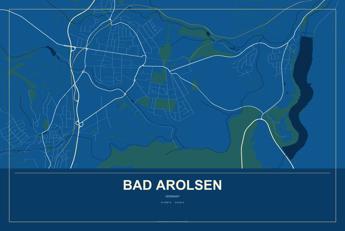 Bad Arolsen, Germany City Map Aluminum Sign in Harbor Cobalt style