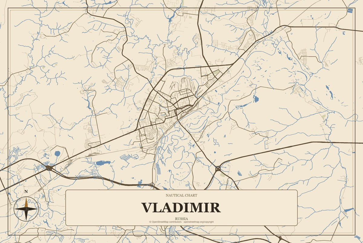 Vladimir, Russia City Map Aluminum Sign in Heritage Nautical style
