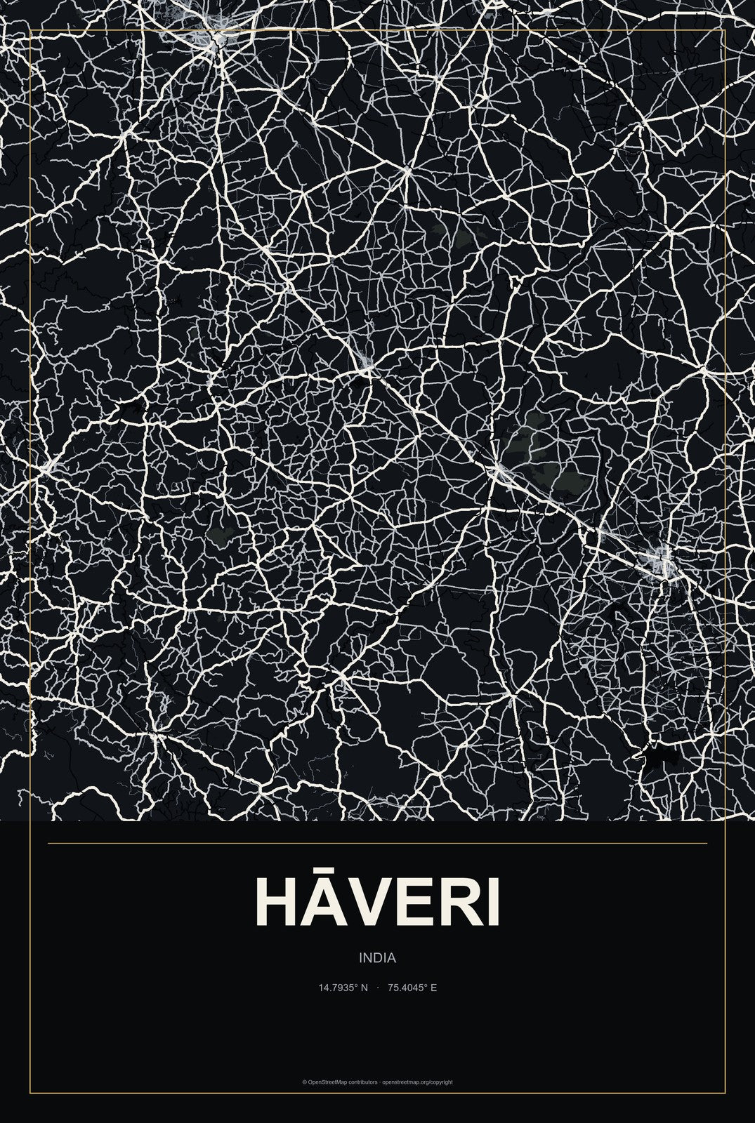 Hāveri, India City Map Aluminum Sign in Metropolitan Noir style