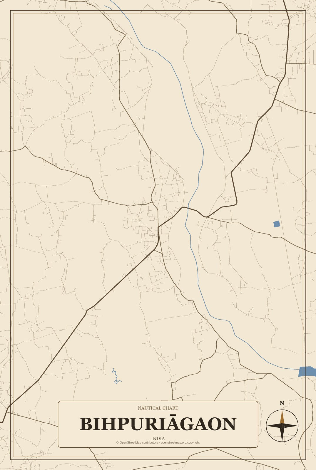 Bihpuriāgaon, India City Map Aluminum Sign in Heritage Nautical style