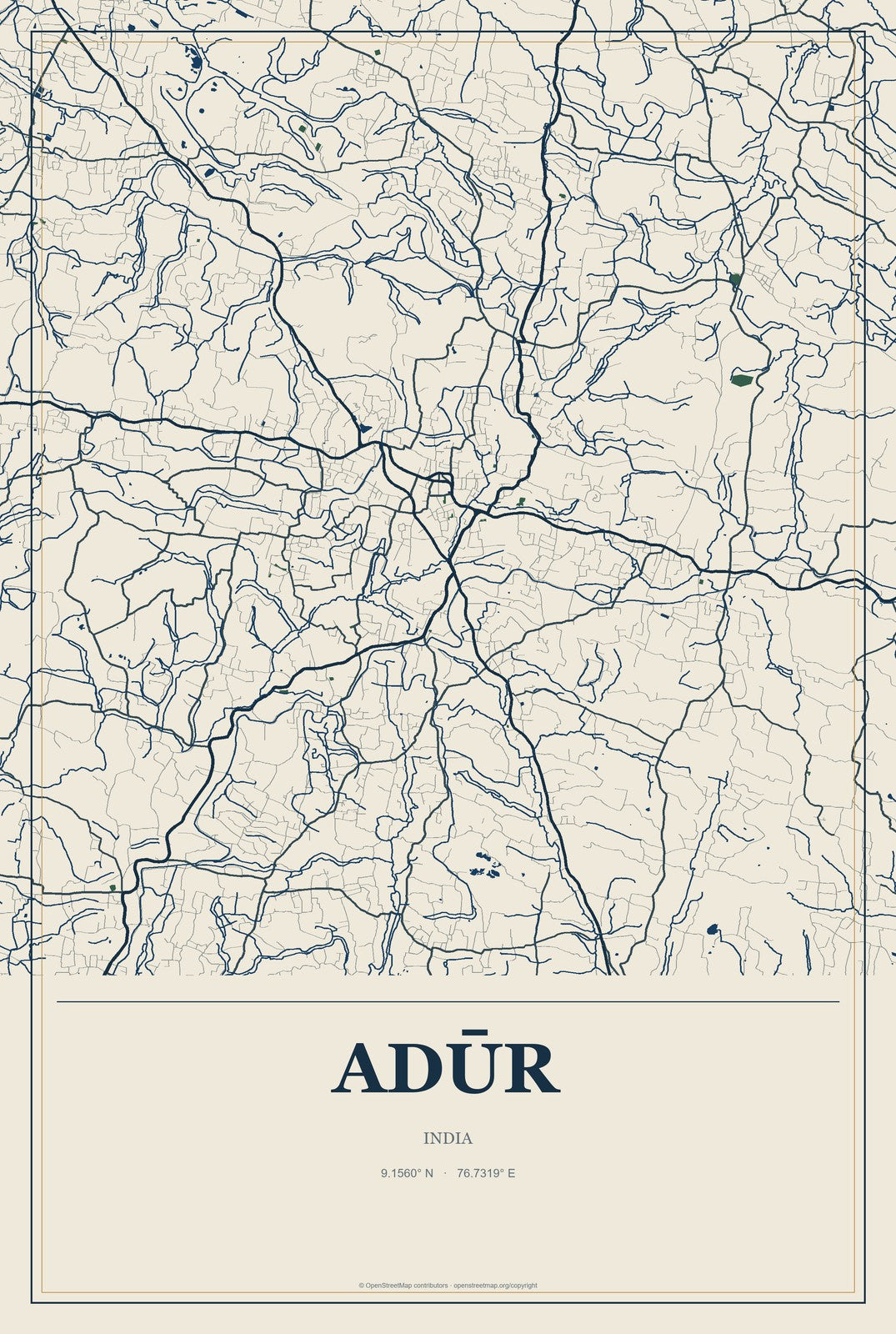 Adūr, India City Map Aluminum Sign in Coastal Cutout style
