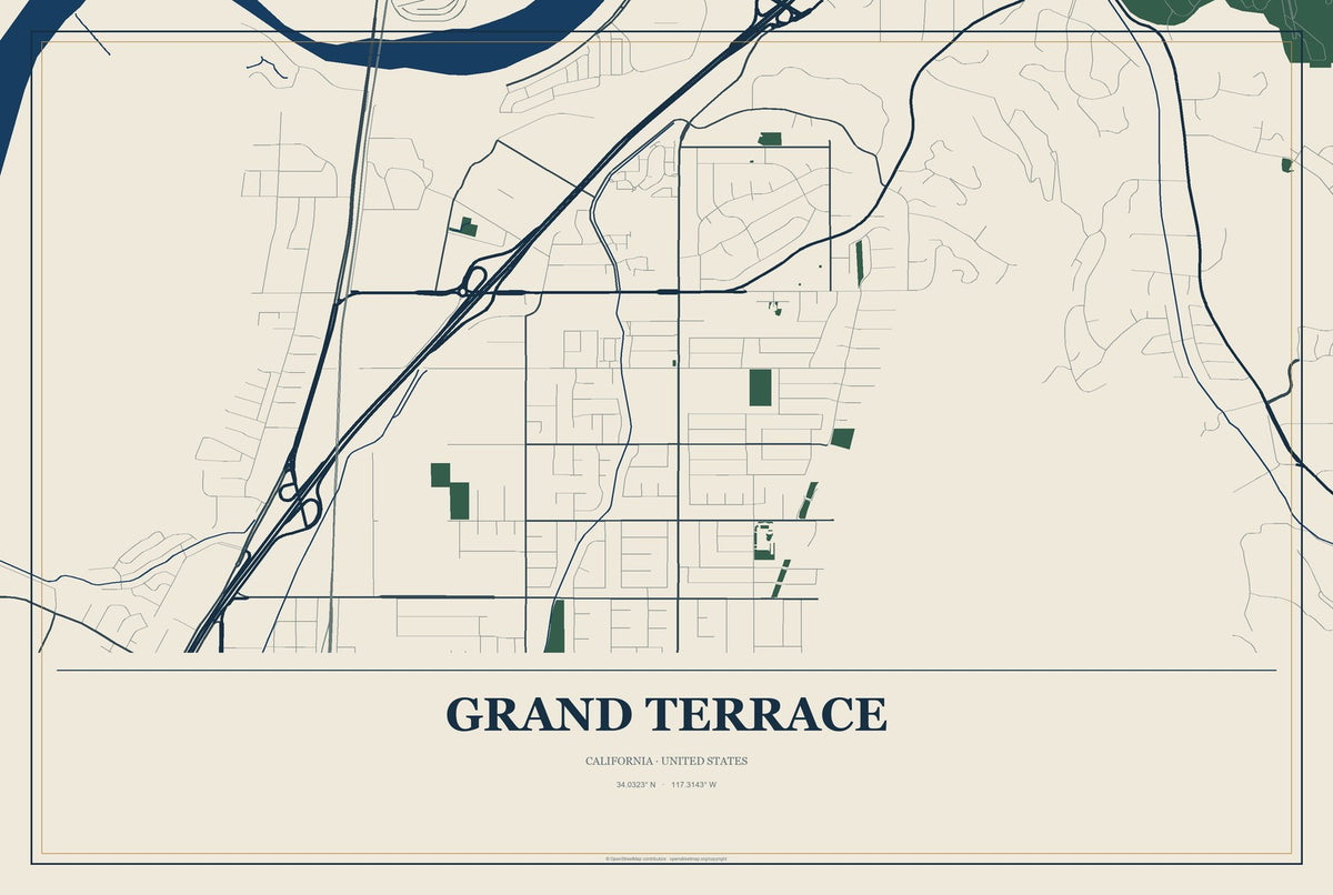 Grand Terrace, California City Map Aluminum Sign in Coastal Cutout style