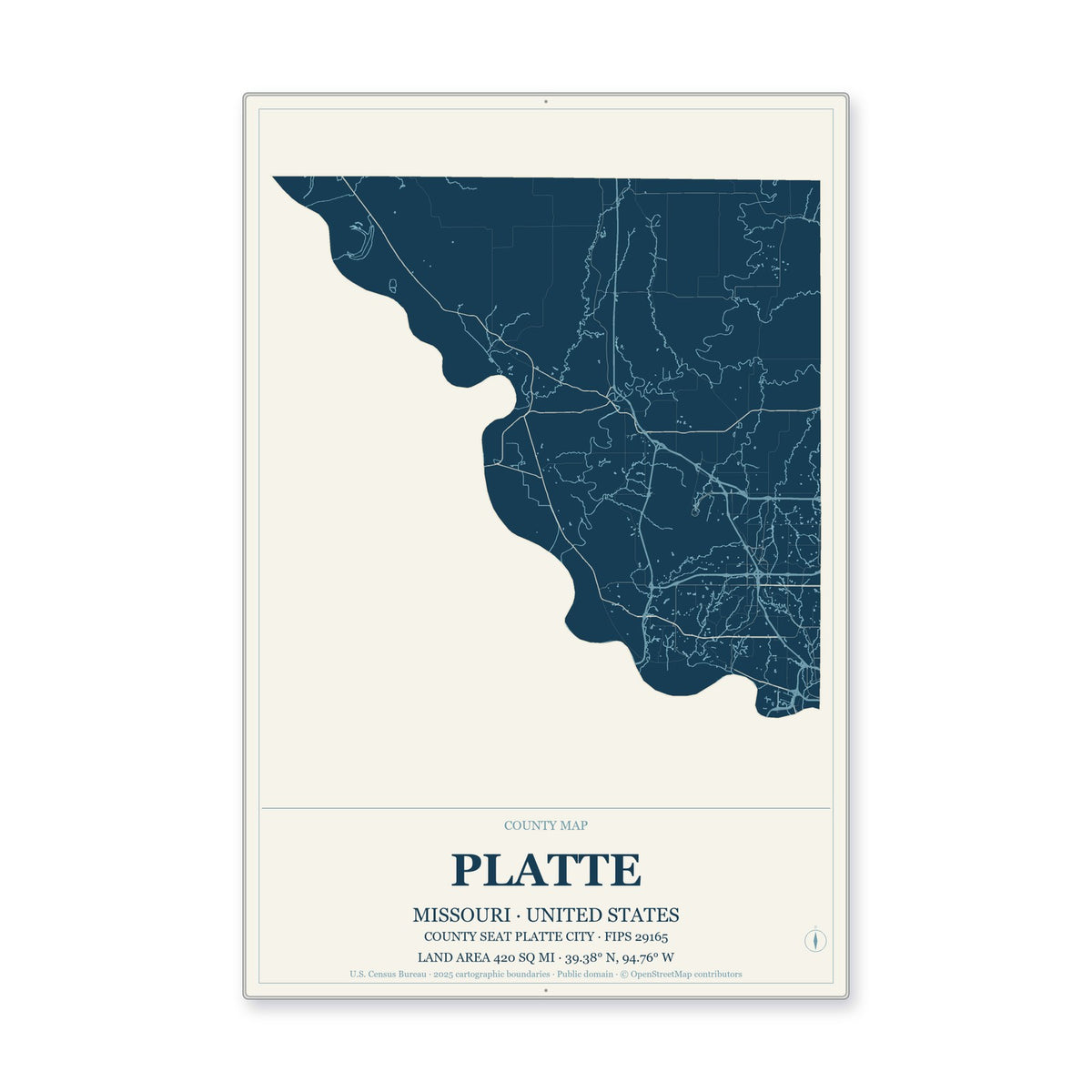 Platte County, Missouri Map Aluminum Sign in Coastal Cutout style