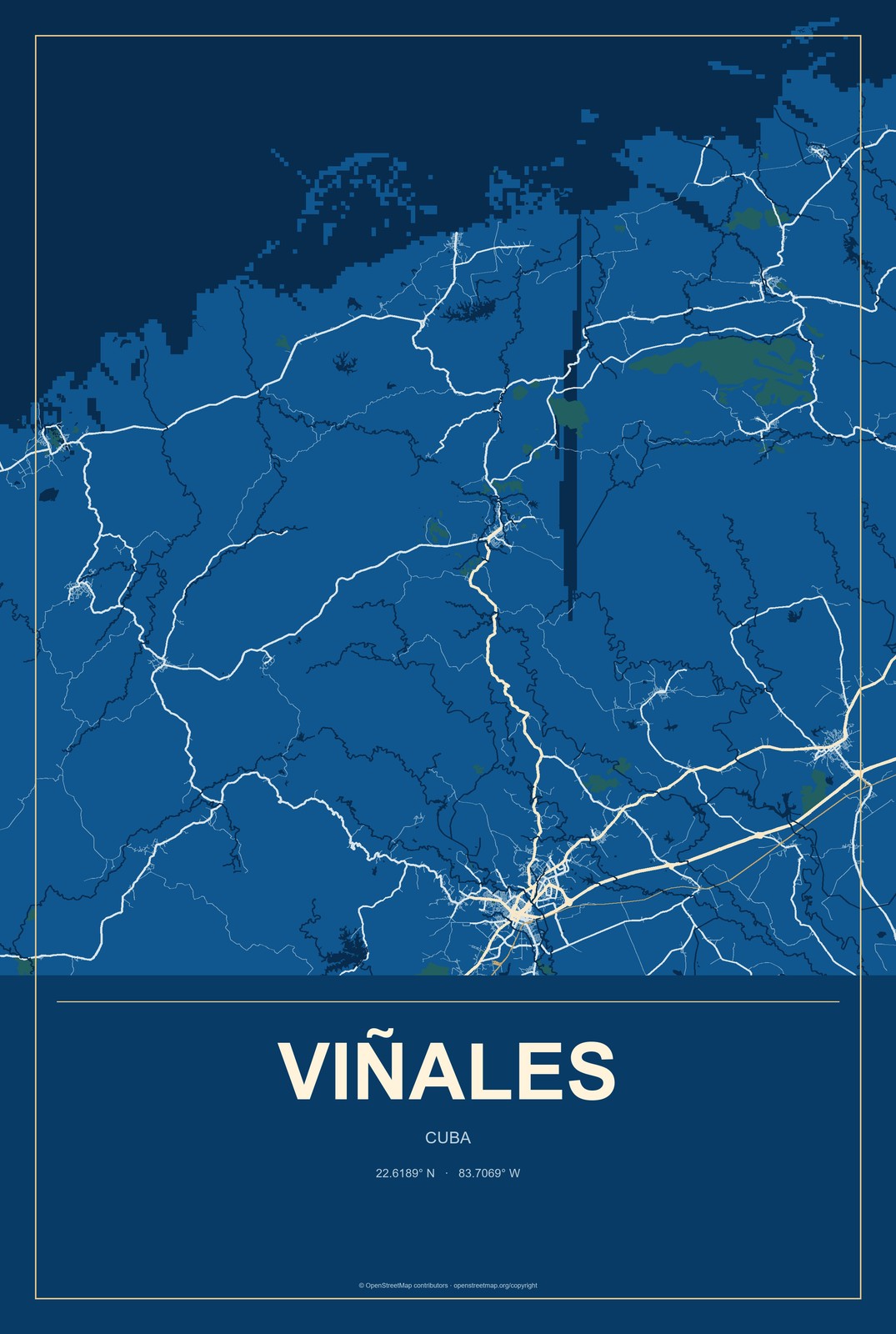 Viñales, Cuba City Map Aluminum Sign in Harbor Cobalt style