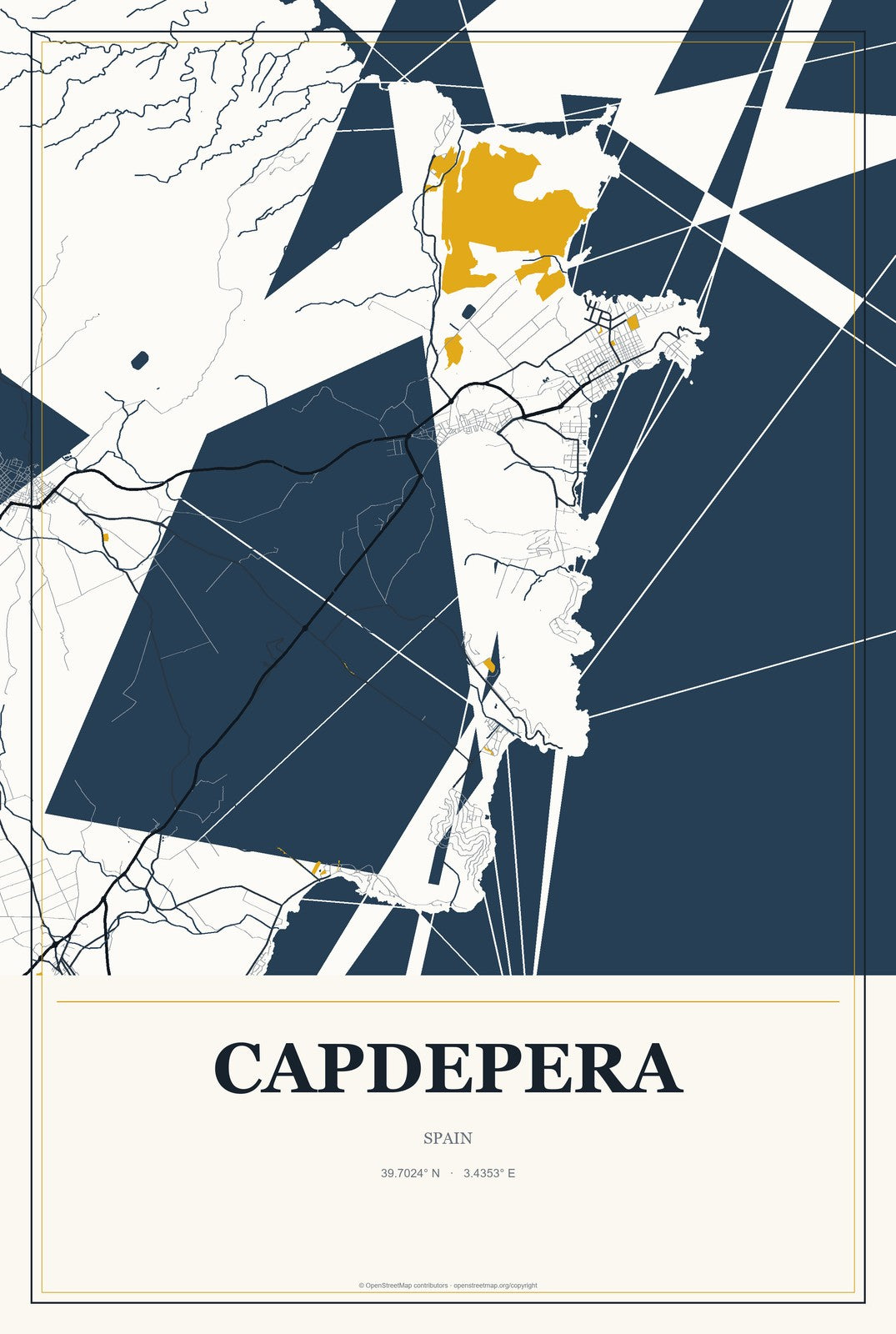 Capdepera, Spain City Map Aluminum Sign in Citrine Modern style