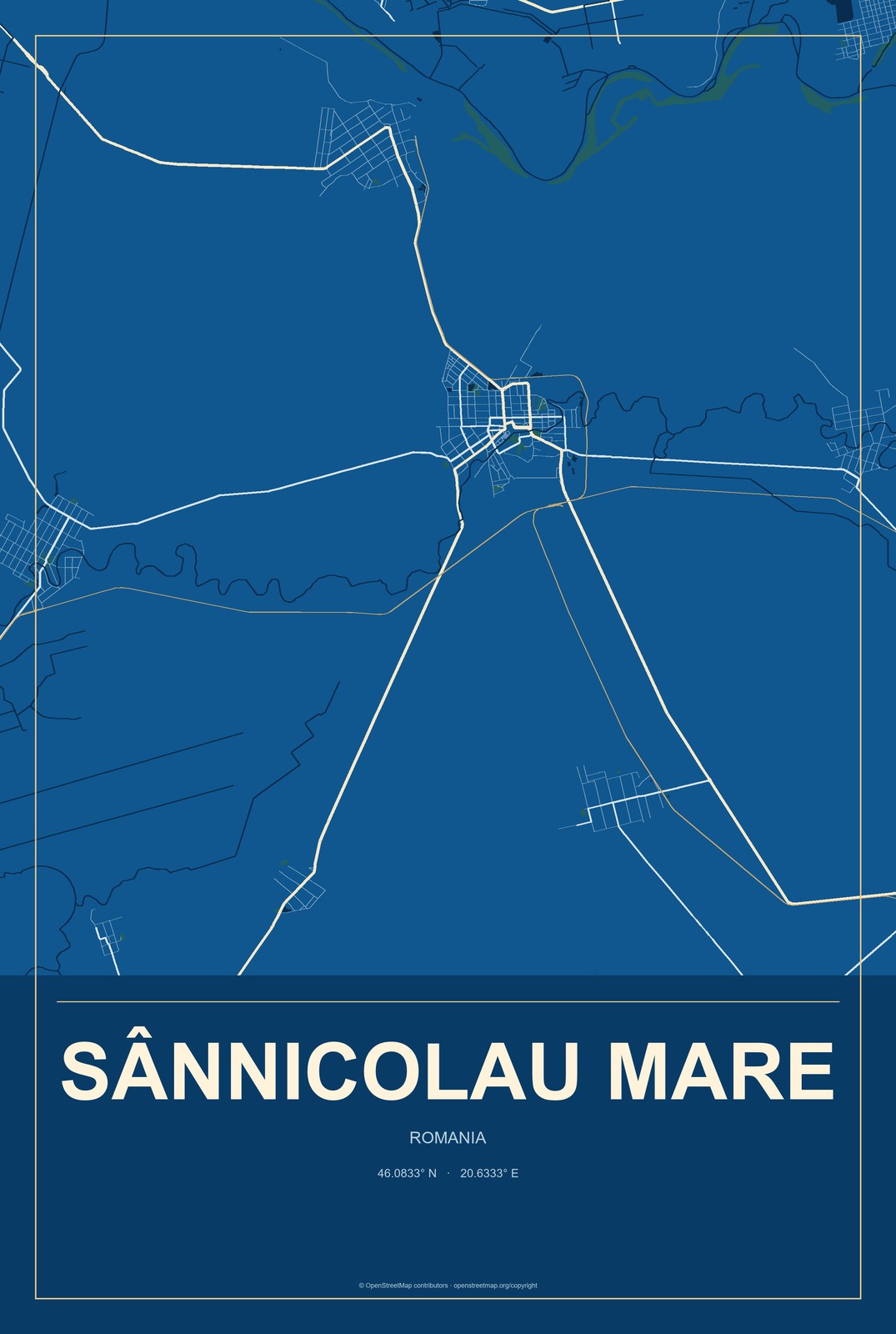 Sânnicolau Mare, Romania City Map Aluminum Sign in Harbor Cobalt style