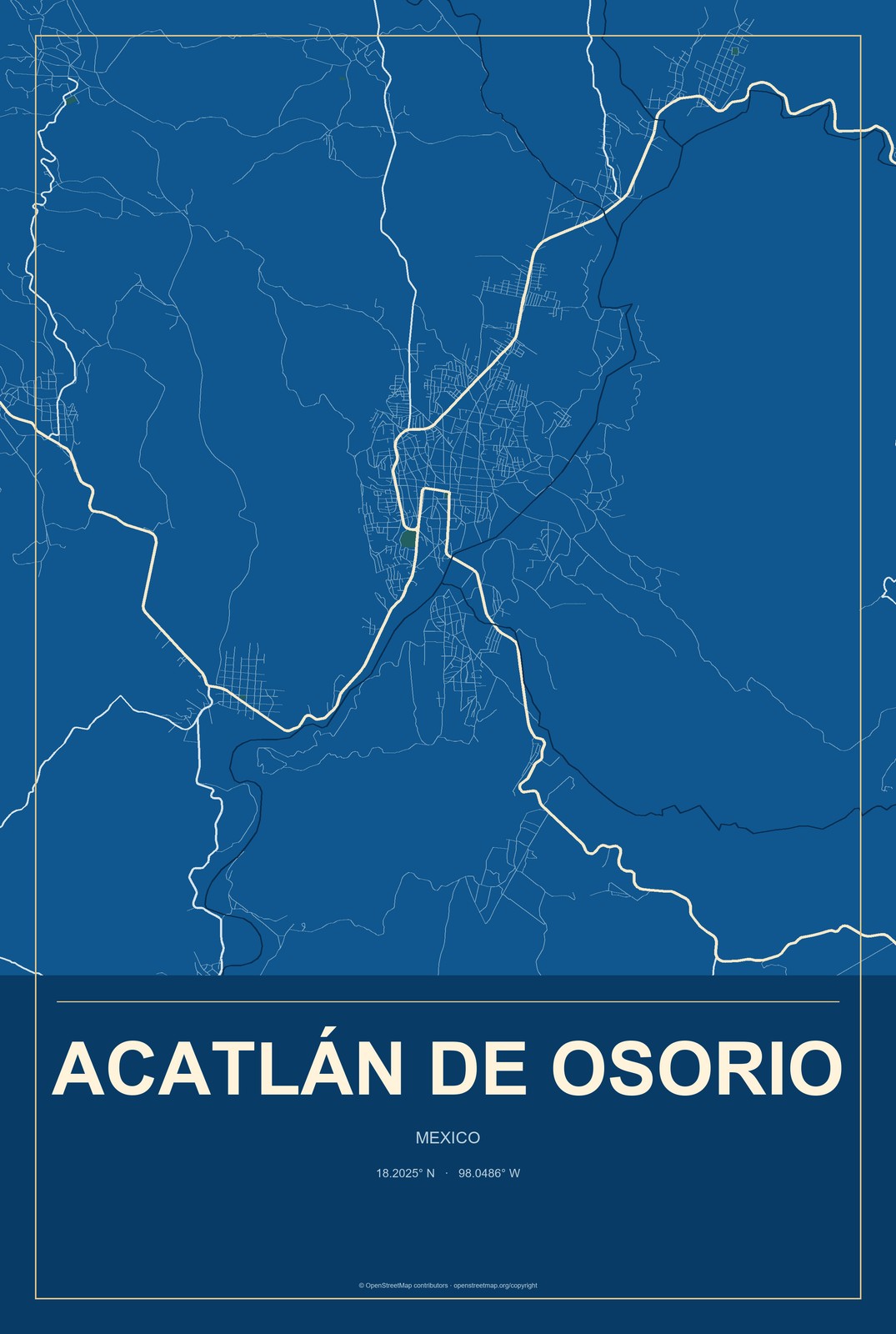Acatlán de Osorio, Mexico City Map Aluminum Sign in Harbor Cobalt style
