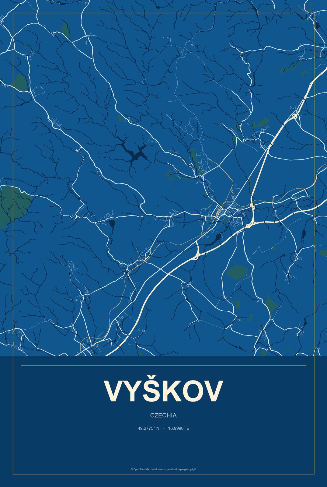 Vyškov, Czechia City Map Aluminum Sign in Harbor Cobalt style