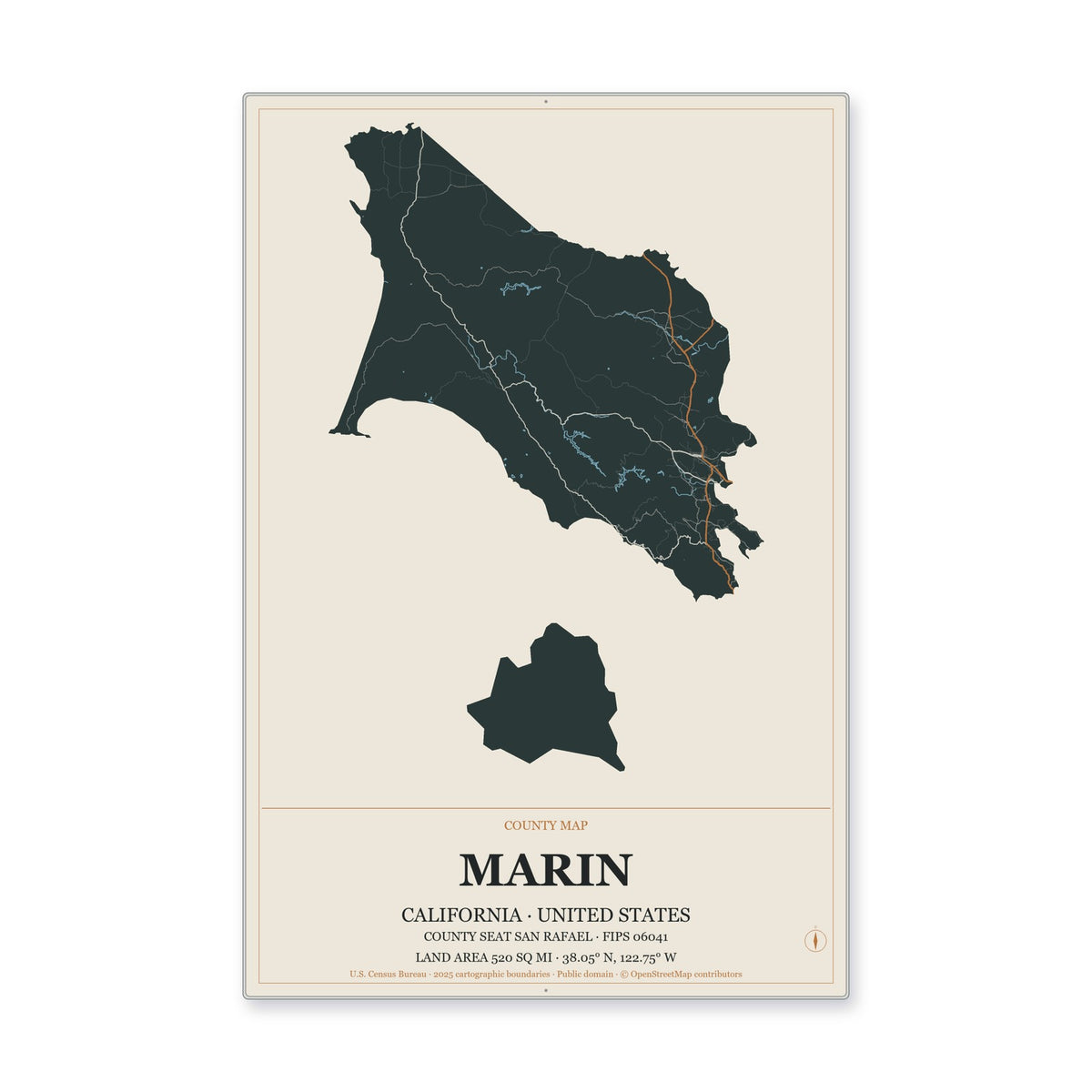 Marin County, California Map Aluminum Sign in Headline Atlas style