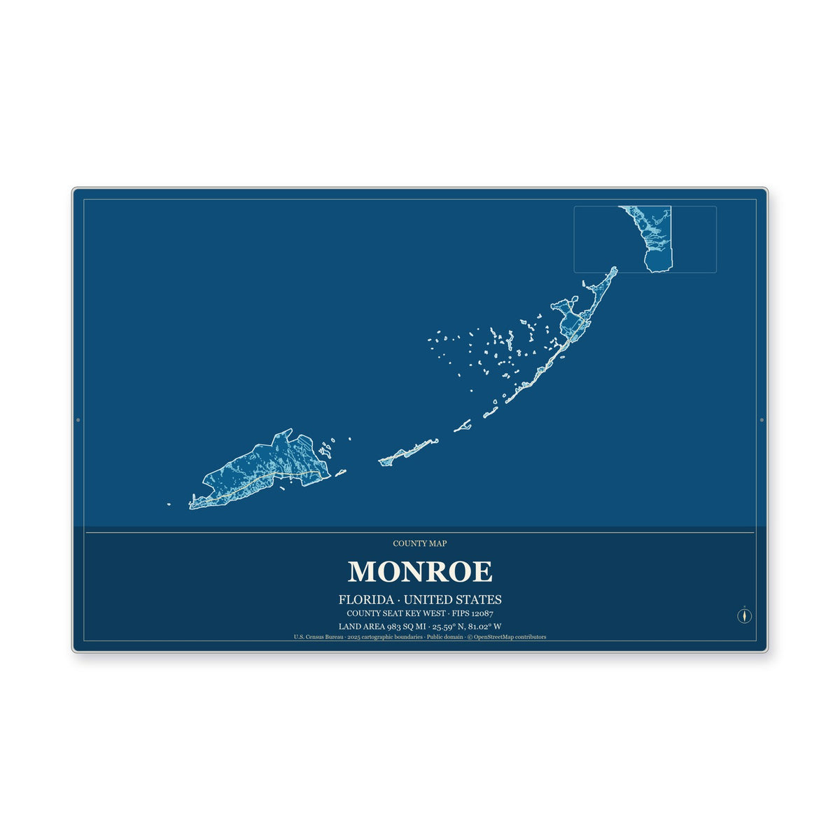 Monroe County, Florida Map Aluminum Sign in Harbor Cobalt style