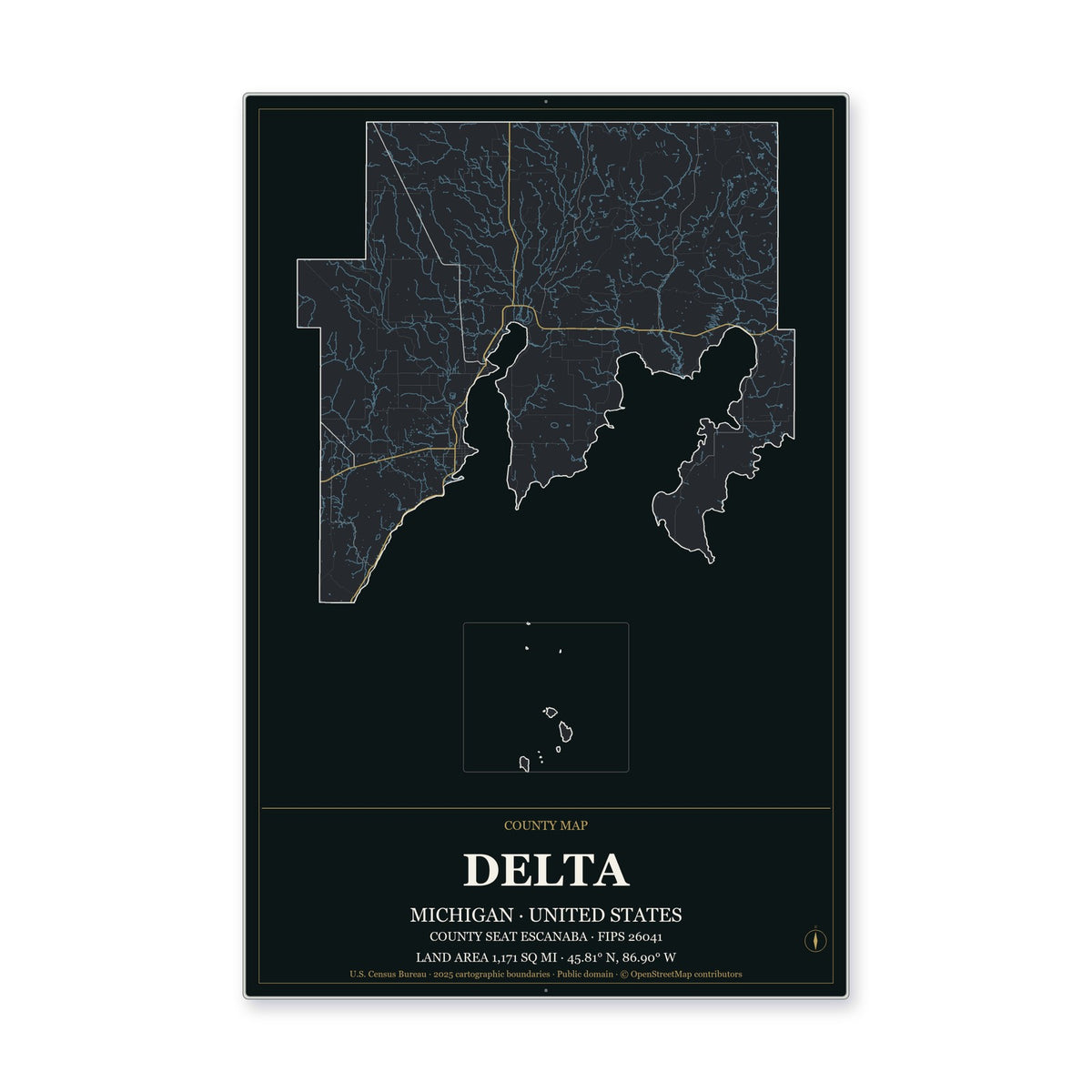 Delta County, Michigan Map Aluminum Sign in Metropolitan Noir style