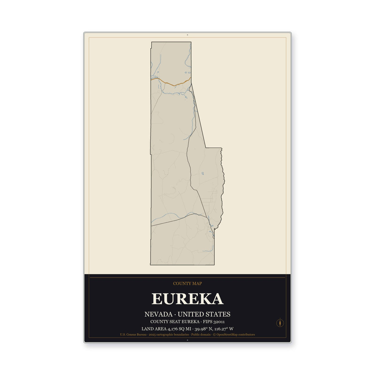 Eureka County, Nevada Map Aluminum Sign in Museum Plaque style
