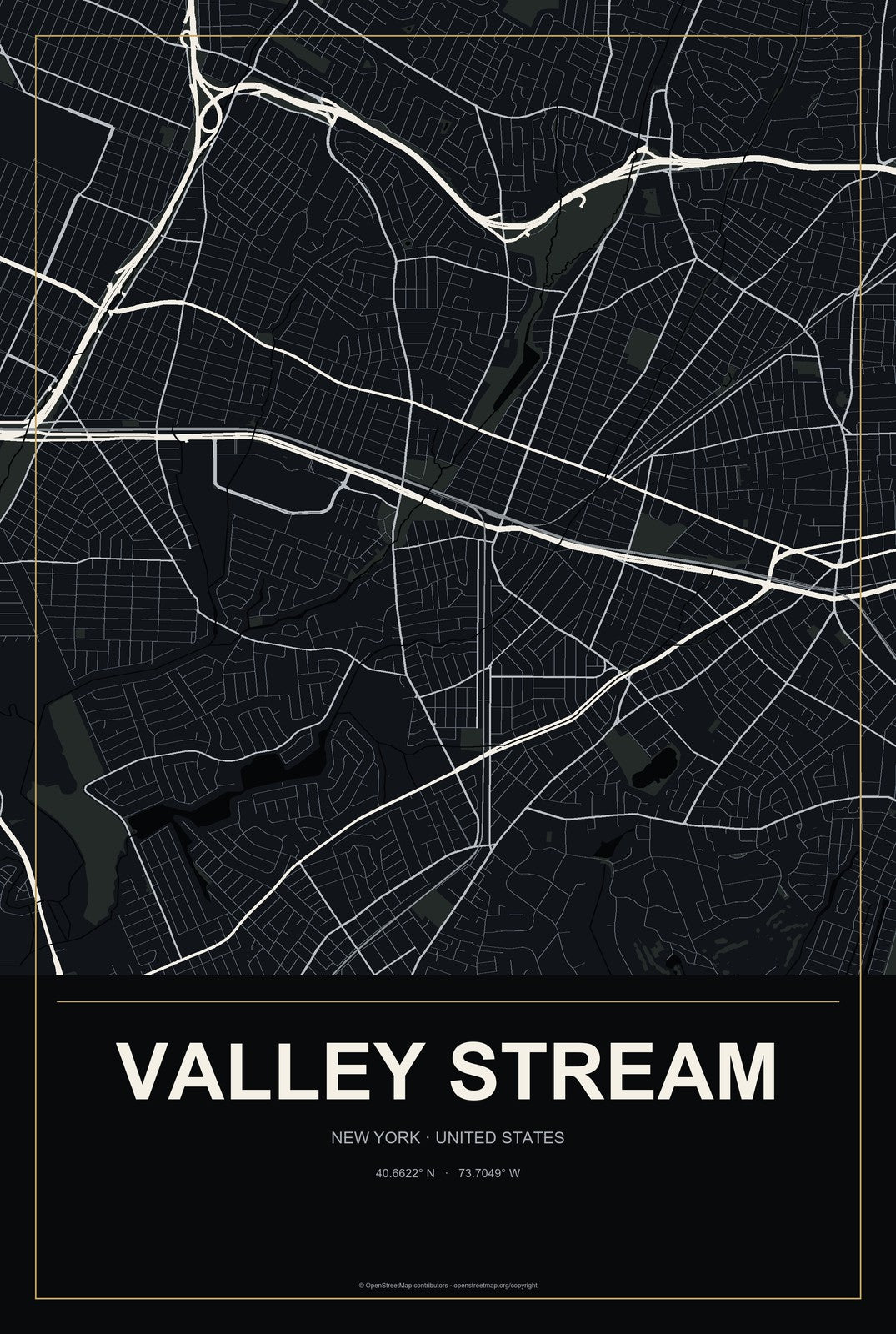Valley Stream, New York City Map Aluminum Sign in Metropolitan Noir style