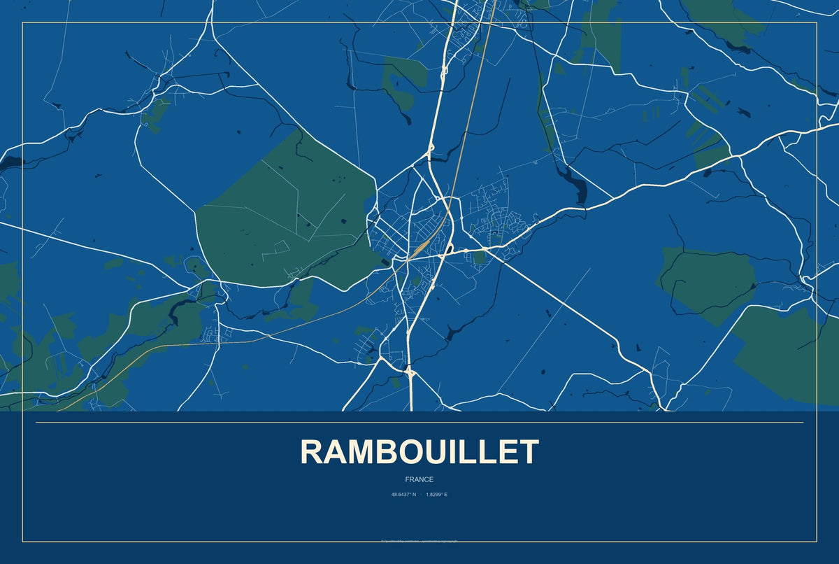 Rambouillet, France City Map Aluminum Sign in Harbor Cobalt style