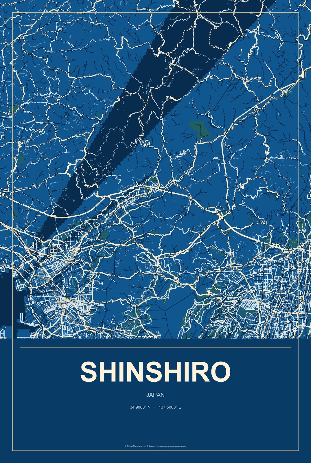 Shinshiro, Japan City Map Aluminum Sign in Harbor Cobalt style
