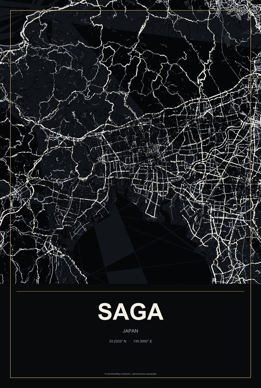 Saga, Japan City Map Aluminum Sign in Metropolitan Noir style