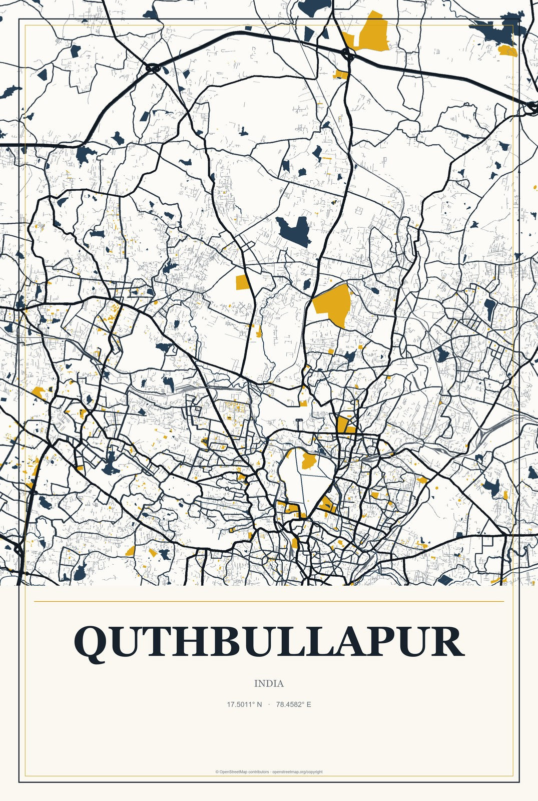 Quthbullapur, India City Map Aluminum Sign in Citrine Modern style
