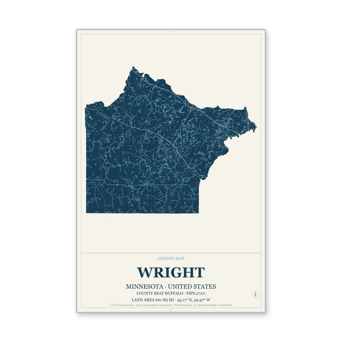 Wright County, Minnesota Map Aluminum Sign in Coastal Cutout style