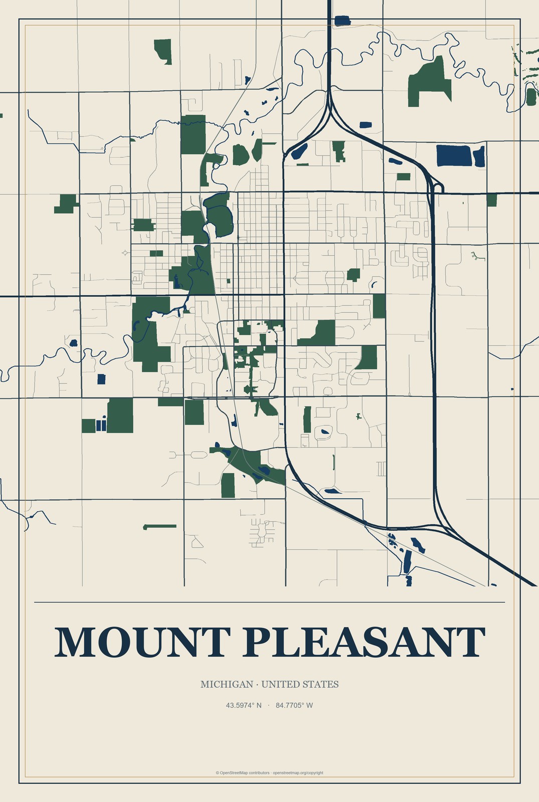 Mount Pleasant, Michigan City Map Aluminum Sign in Coastal Cutout style