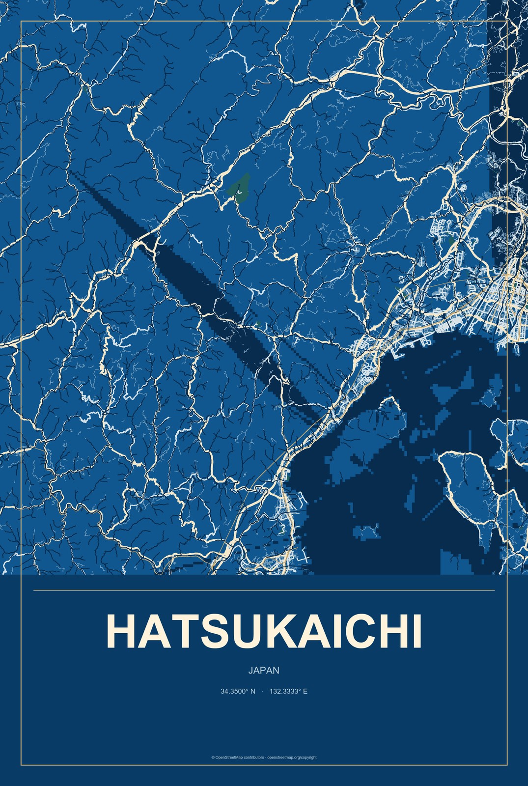 Hatsukaichi, Japan City Map Aluminum Sign in Harbor Cobalt style