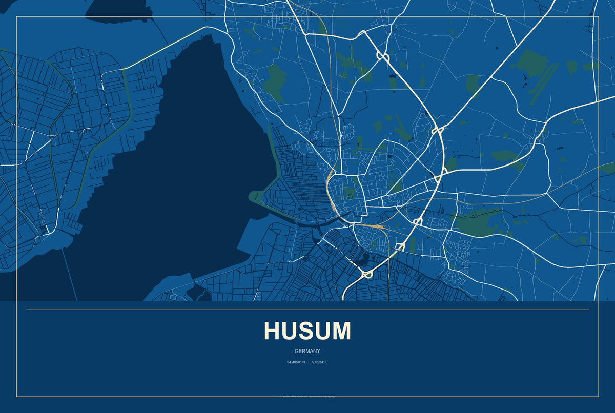 Husum, Germany City Map Aluminum Sign in Harbor Cobalt style