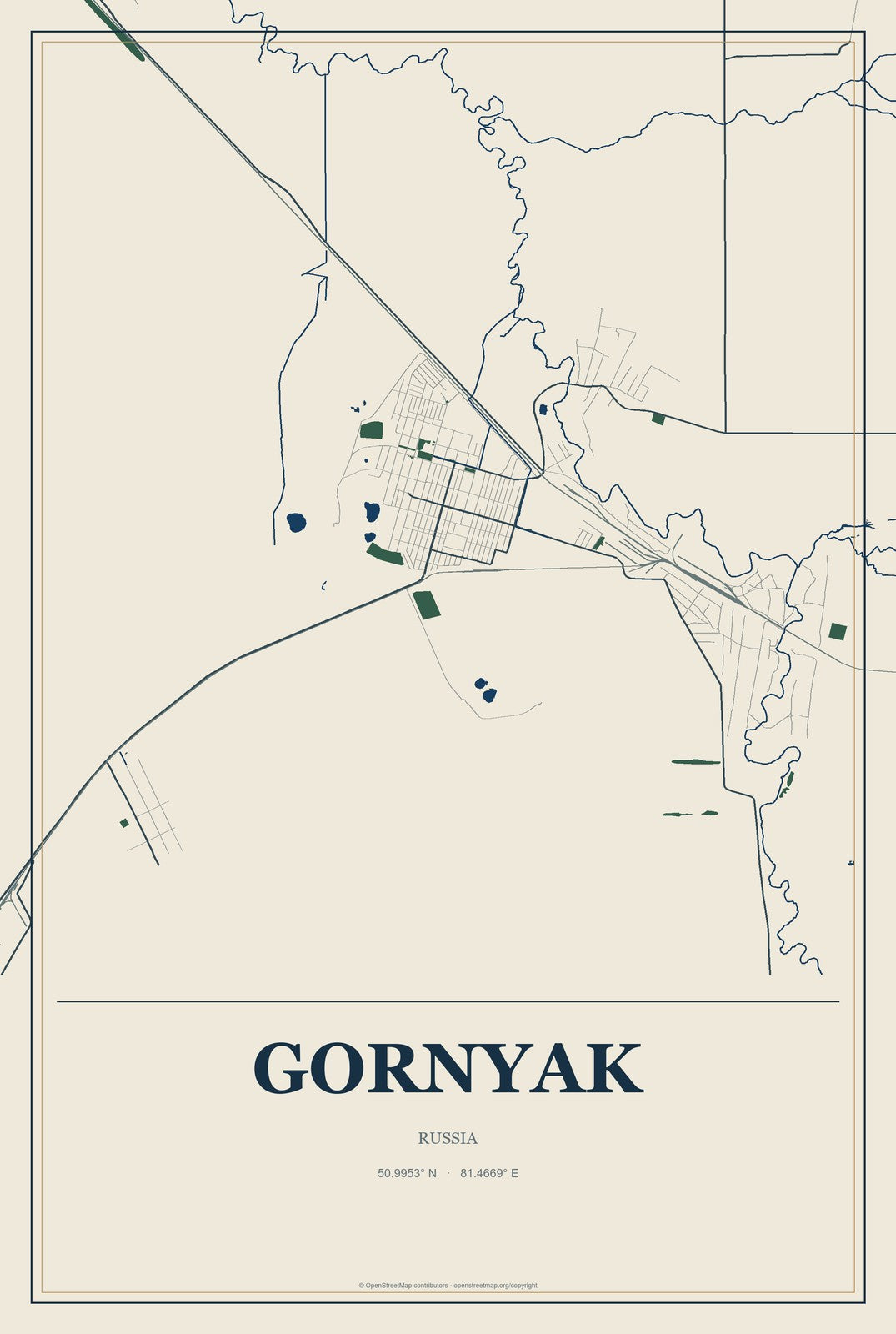 Gornyak, Russia City Map Aluminum Sign in Coastal Cutout style