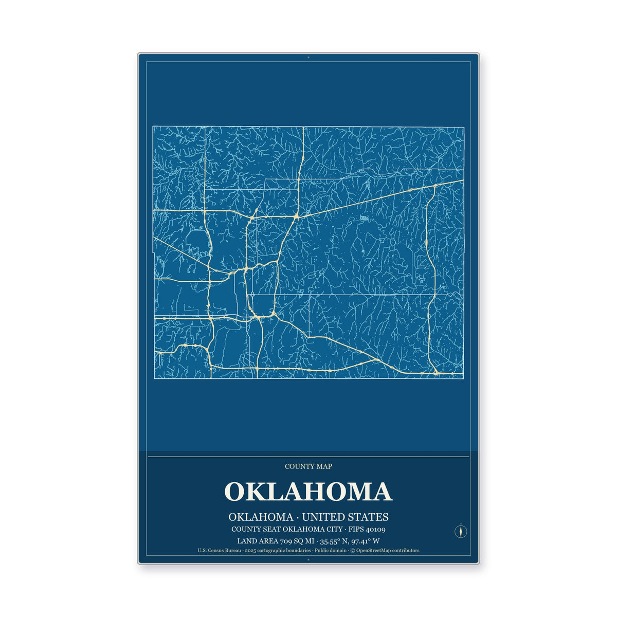Oklahoma County, Oklahoma Map Aluminum Sign in Harbor Cobalt style