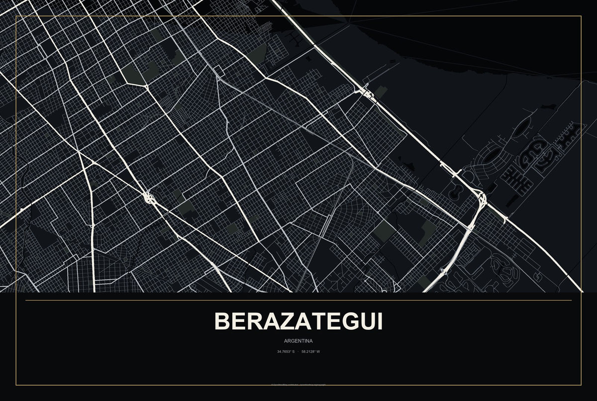 Berazategui, Argentina City Map Aluminum Sign in Metropolitan Noir style