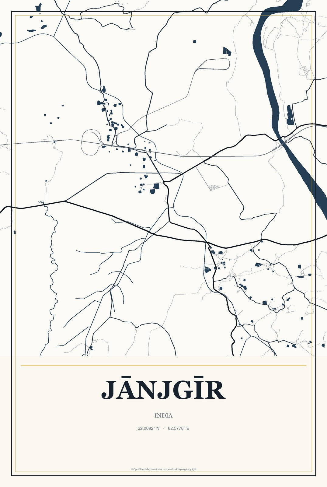 Jānjgīr, India City Map Aluminum Sign in Citrine Modern style