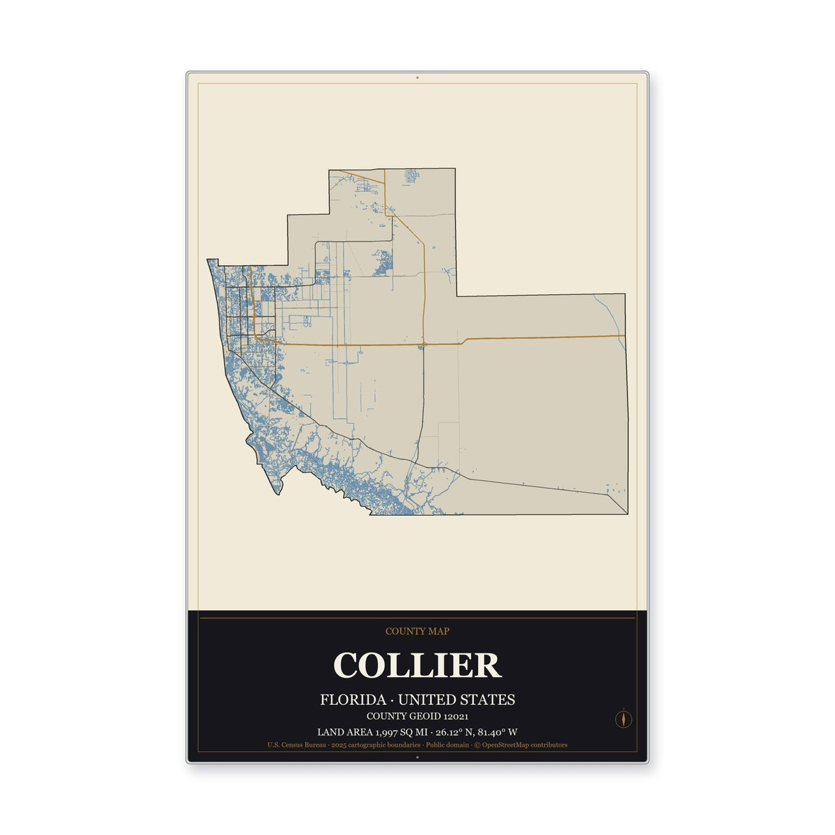 Collier County, Florida Map Aluminum Sign in Museum Plaque style