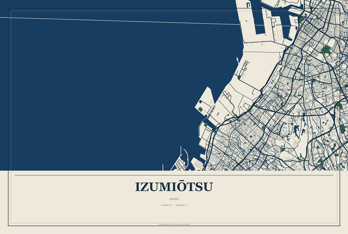 Izumiōtsu, Japan City Map Aluminum Sign in Coastal Cutout style