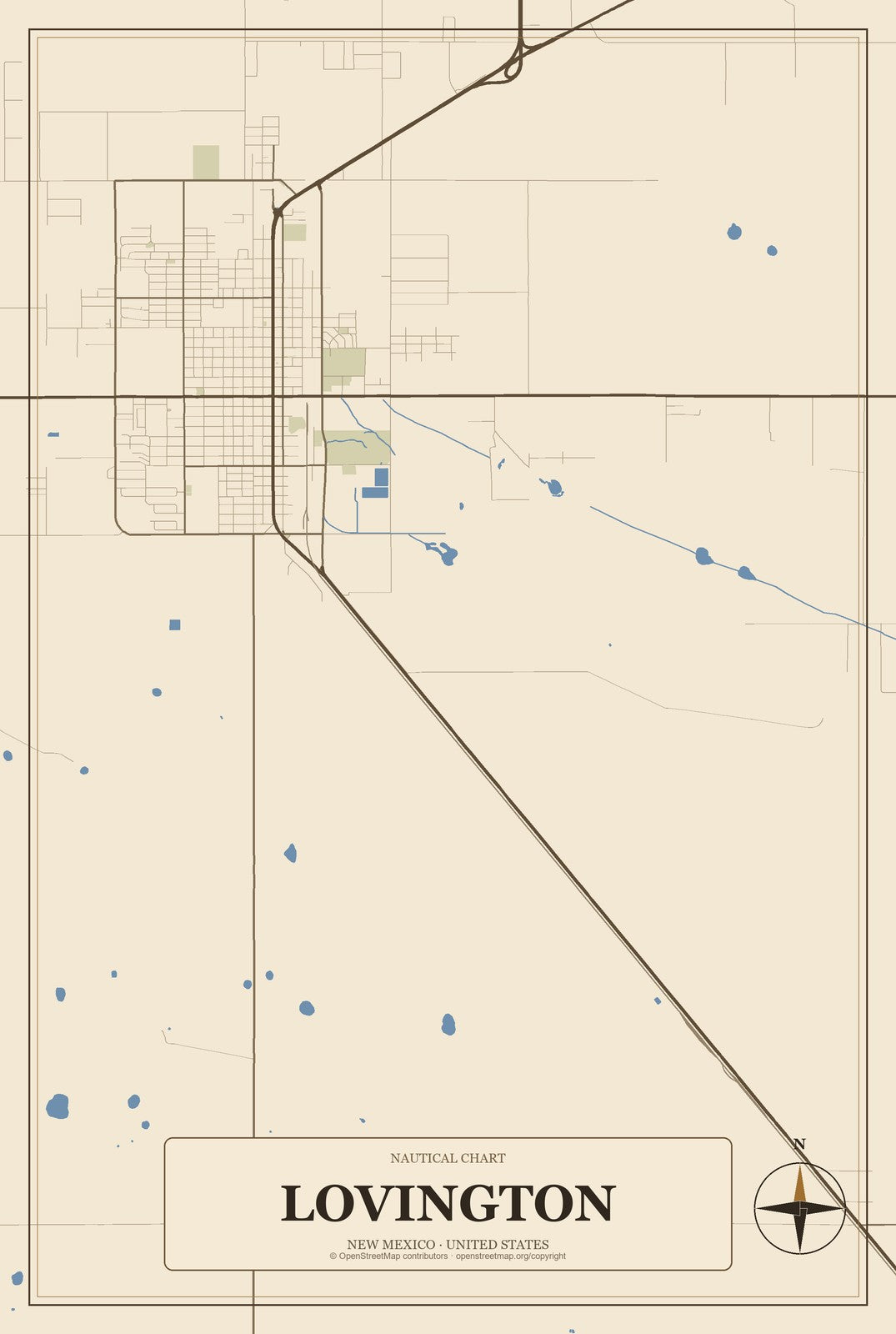 Lovington, New Mexico City Map Aluminum Sign in Heritage Nautical style