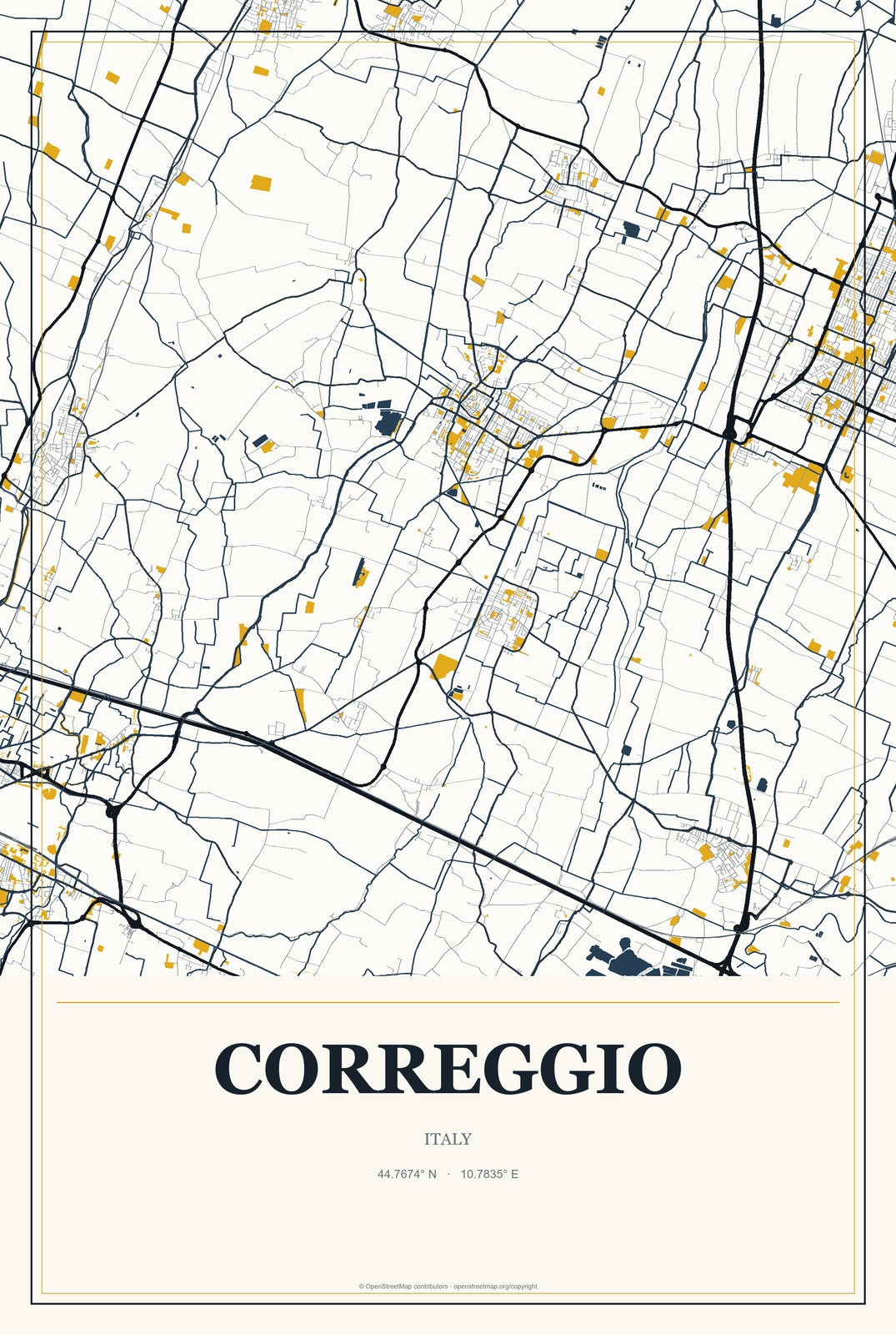 Correggio, Italy City Map Aluminum Sign in Citrine Modern style