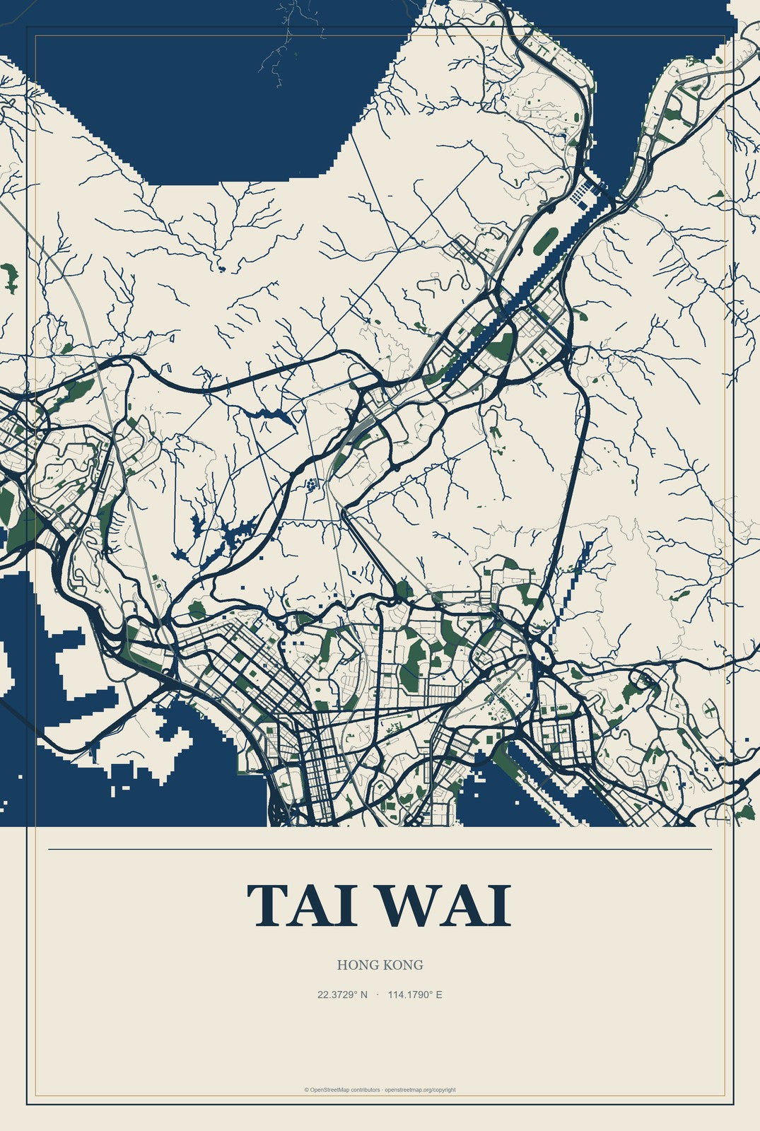 Tai Wai, Hong Kong City Map Aluminum Sign in Coastal Cutout style