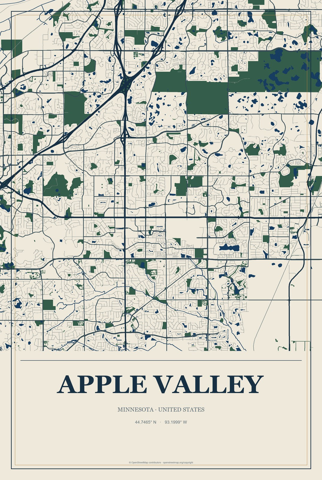 Apple Valley, Minnesota City Map Aluminum Sign in Coastal Cutout style