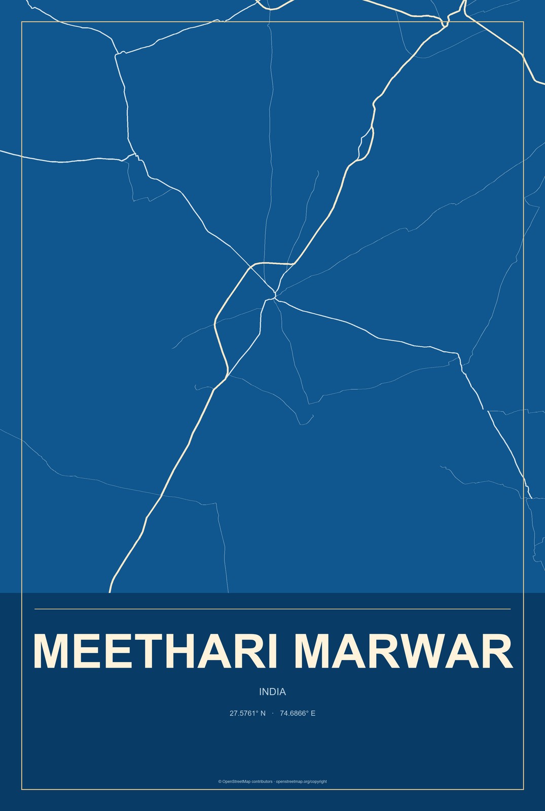 Meethari Marwar, India City Map Aluminum Sign in Harbor Cobalt style