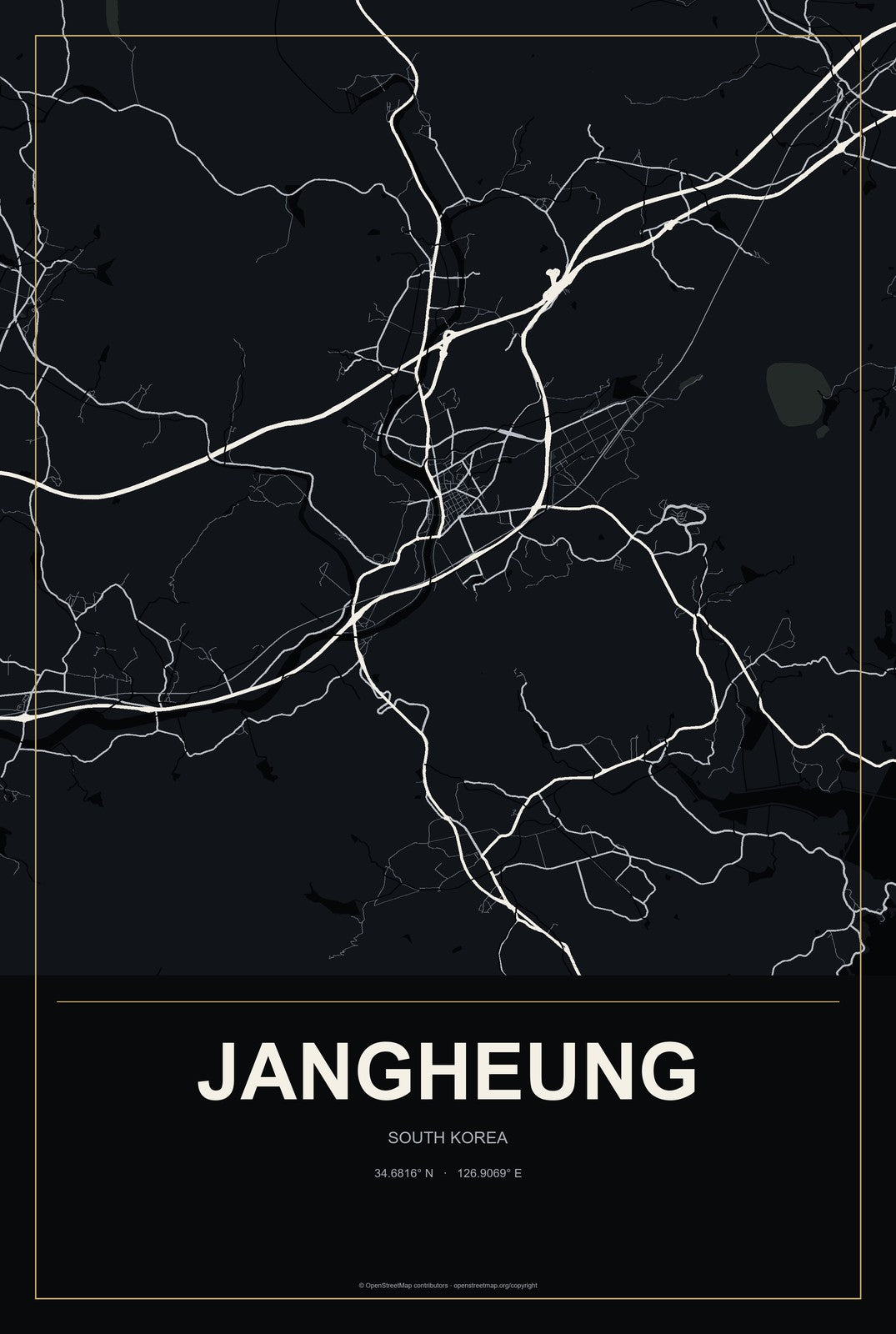 Jangheung, South Korea City Map Aluminum Sign in Metropolitan Noir style