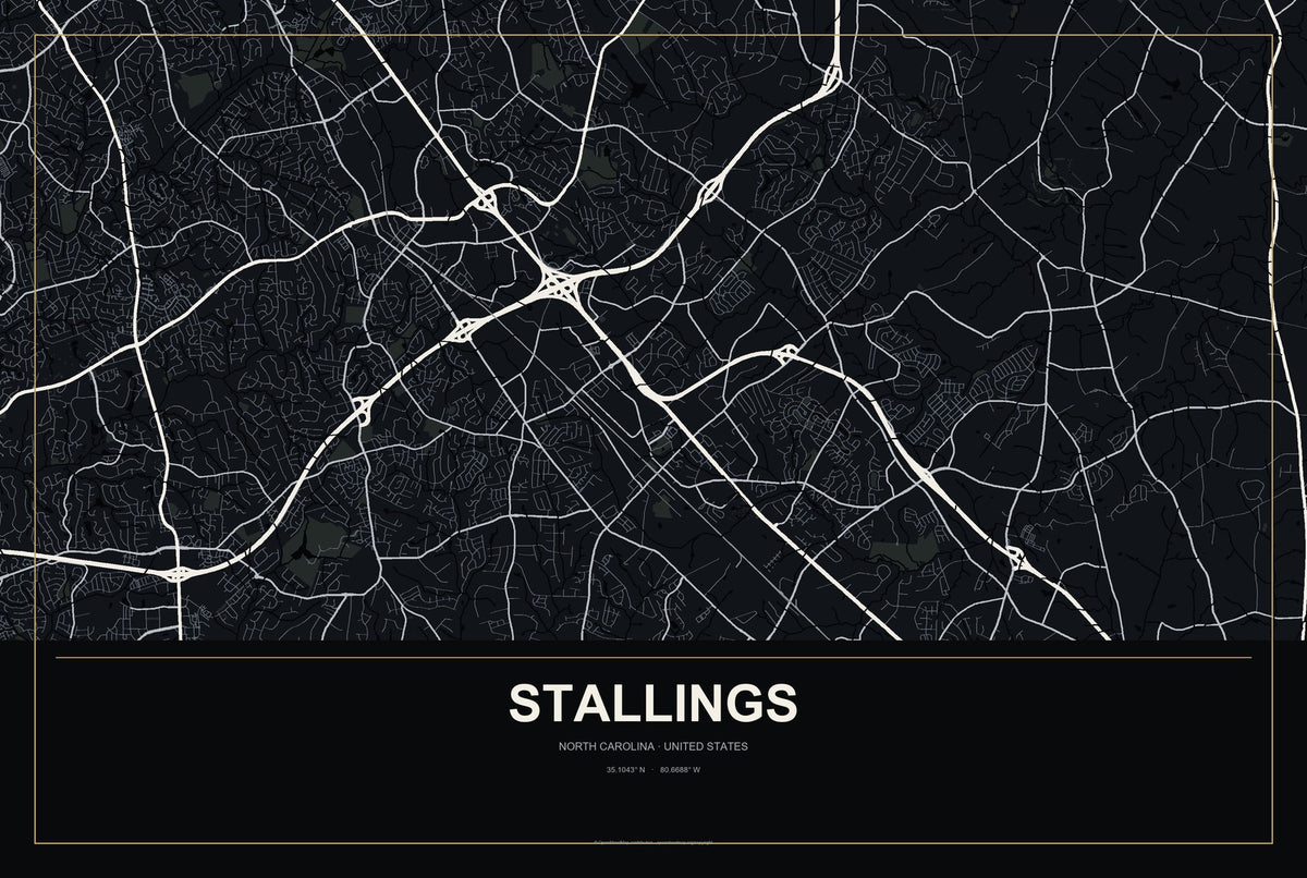 Stallings, North Carolina City Map Aluminum Sign in Metropolitan Noir style
