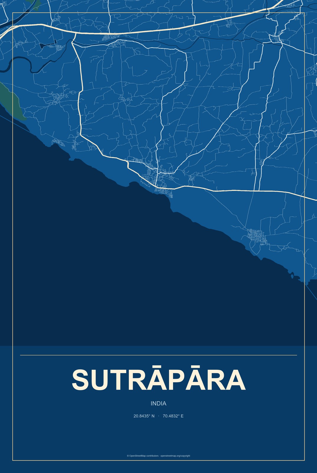Sutrāpāra, India City Map Aluminum Sign in Harbor Cobalt style