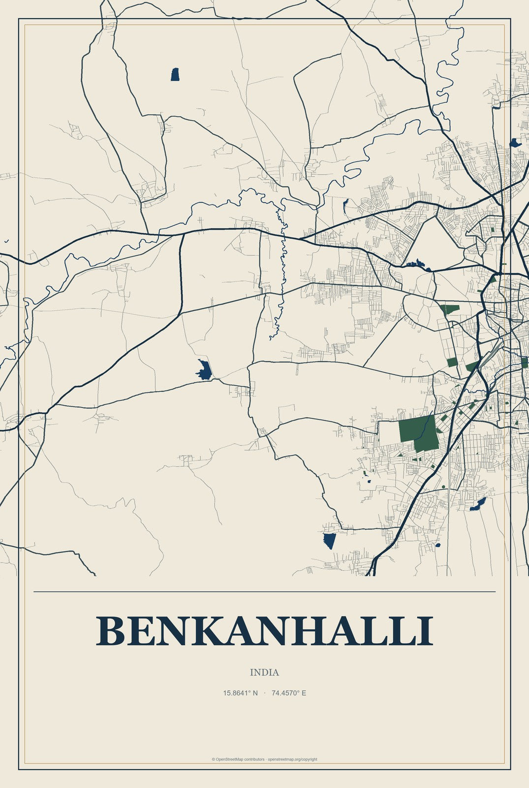 Benkanhalli, India City Map Aluminum Sign in Coastal Cutout style