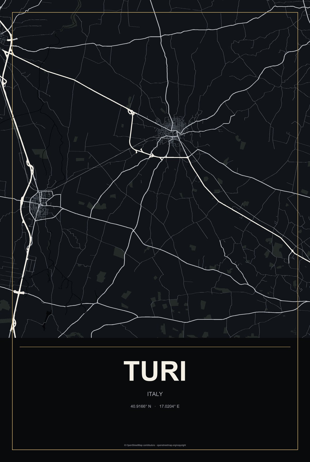 Turi, Italy City Map Aluminum Sign in Metropolitan Noir style
