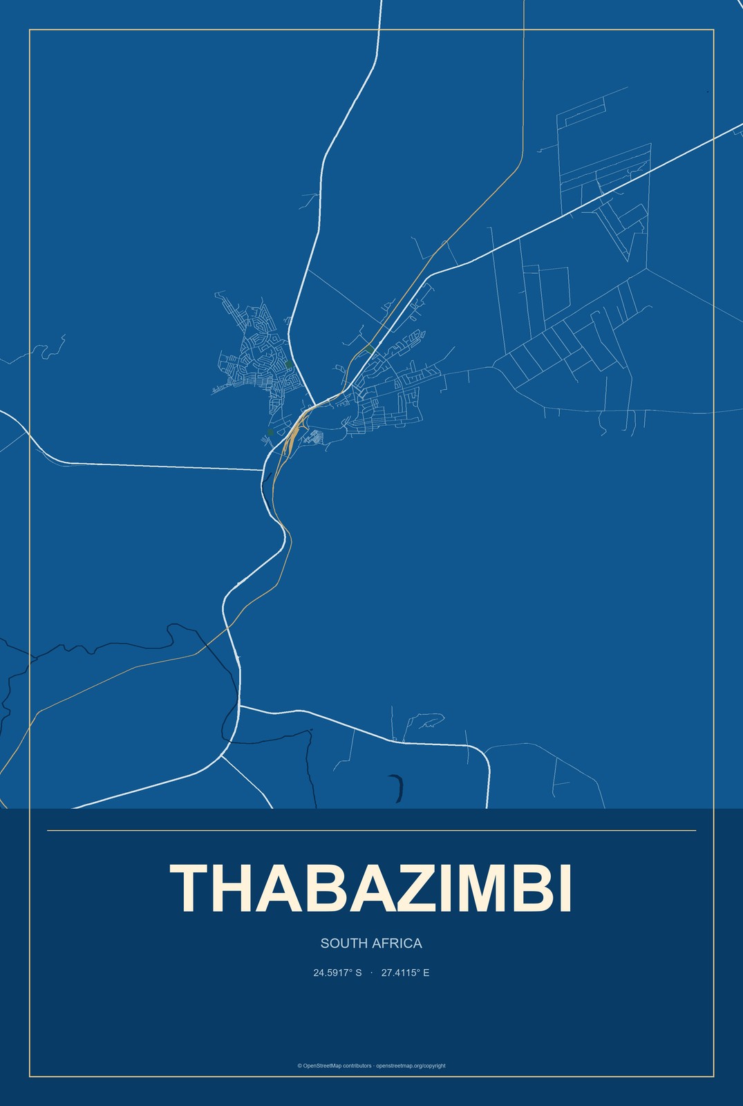 Thabazimbi, South Africa City Map Aluminum Sign in Harbor Cobalt style